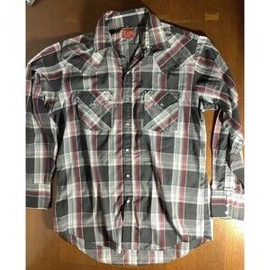 Men’s Vintage Western Fly Plains Shirt M Long Sleeve Snap Button, Red White Blk